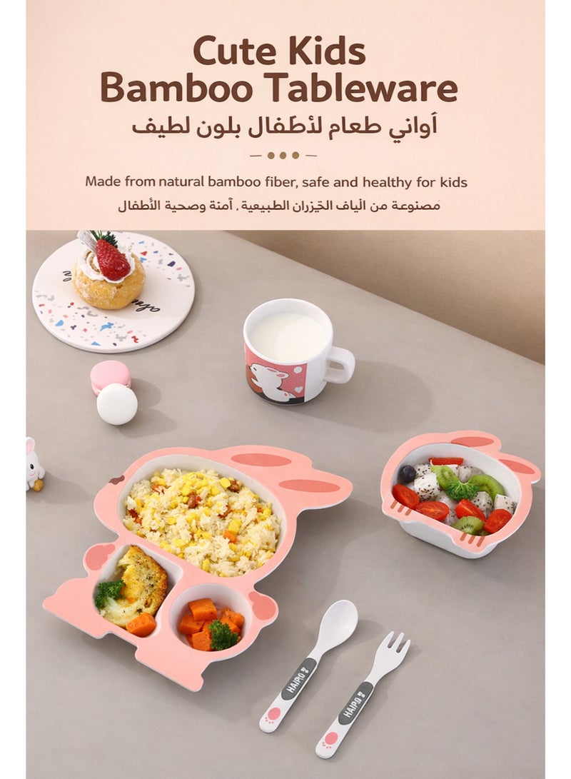 طقم أوعية وأطباق تغذية للأطفال 5 قطع، طقم أدوات مائدة من ألياف البامبو للأطفال، طقم طعام للأطفال الصغار بتصميم أرنب مع طبق مقسم ووعاء وكوب وملعقة وشوكة - Image 2